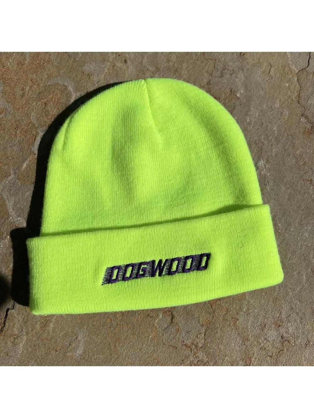 Dogwood Skate Shop Hi Vis Yellow Green + Purple Logo Beanie